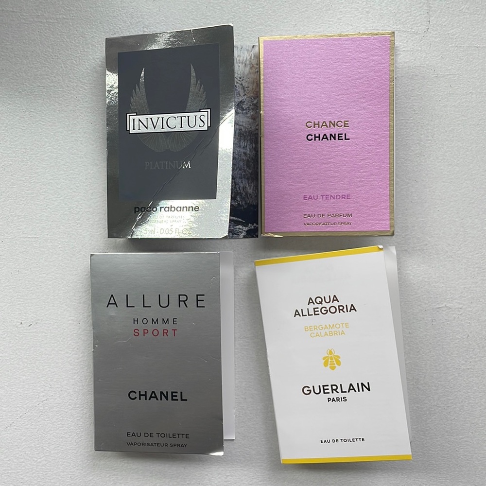 Perfume Sample Sampler including Chanel, Guerlain, and Paco Rabanne